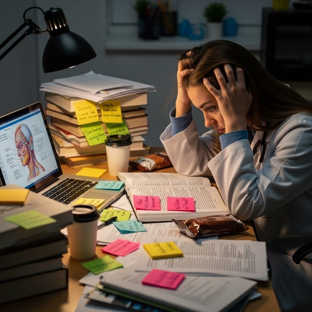 medical student studying in a cluttered environment 